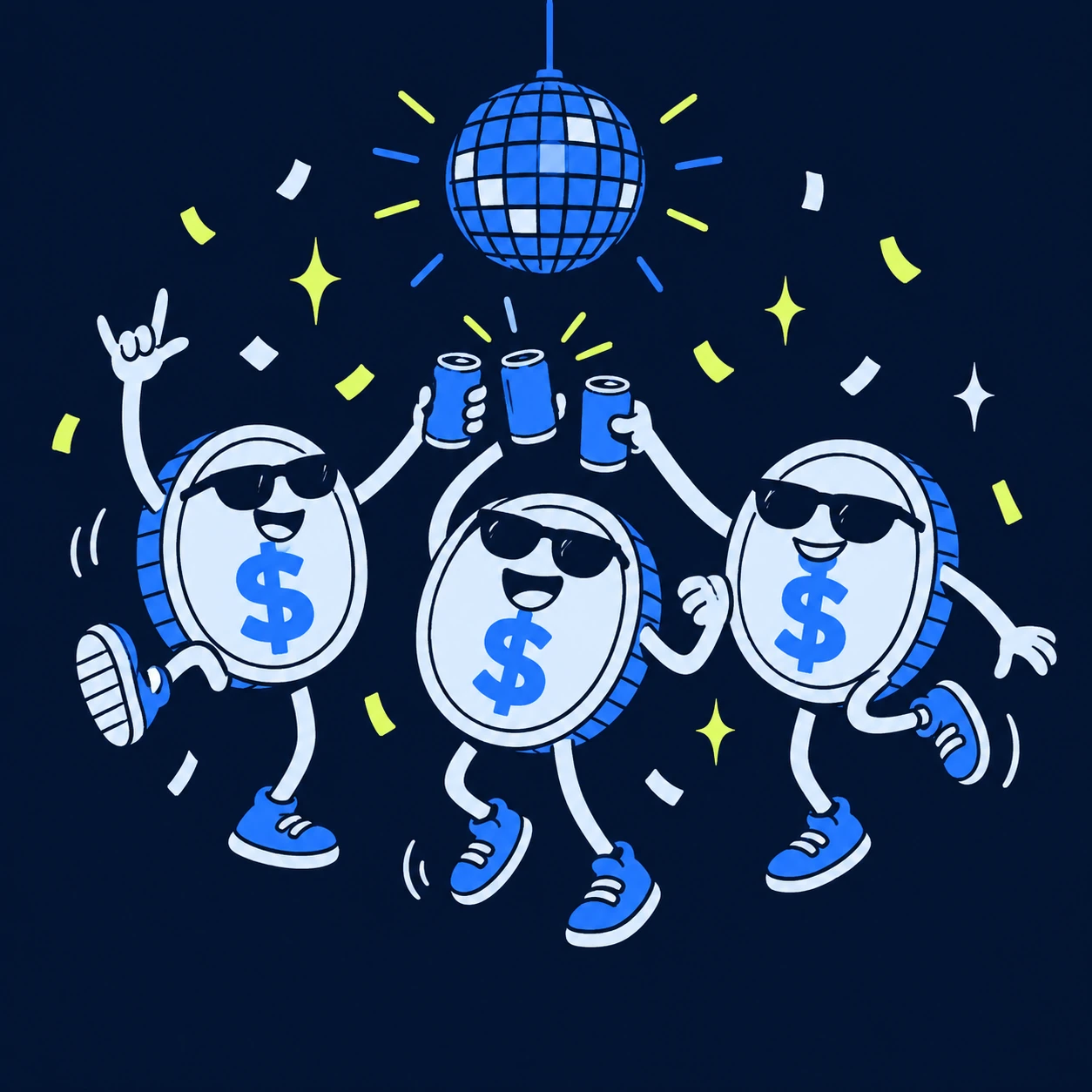 Three happy coin friends clinking cans under a crooked disco ball with confetti everywhere
