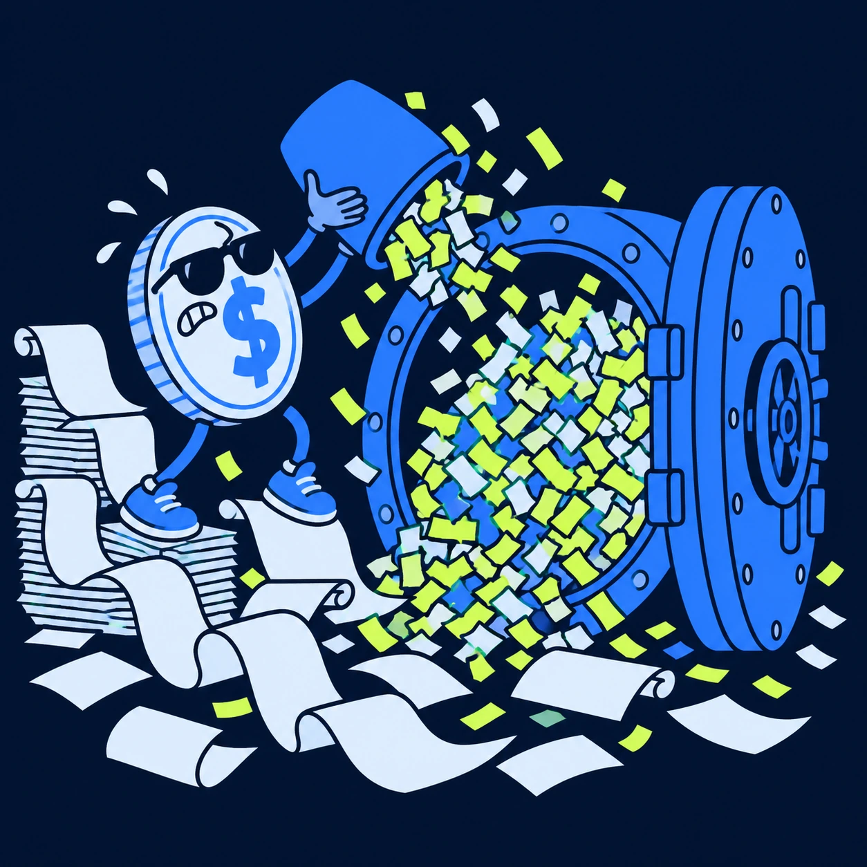 A coin accountant filling an open bank vault with confetti and ridiculous paperwork