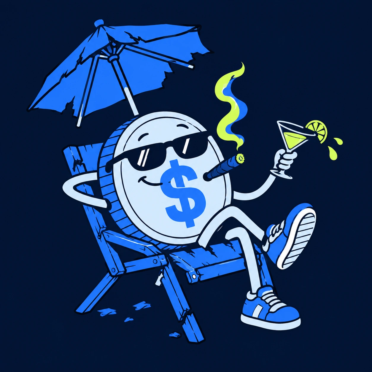 The coin founder relaxing in a broken lawn chair under a crooked umbrella, drink tipping dangerously