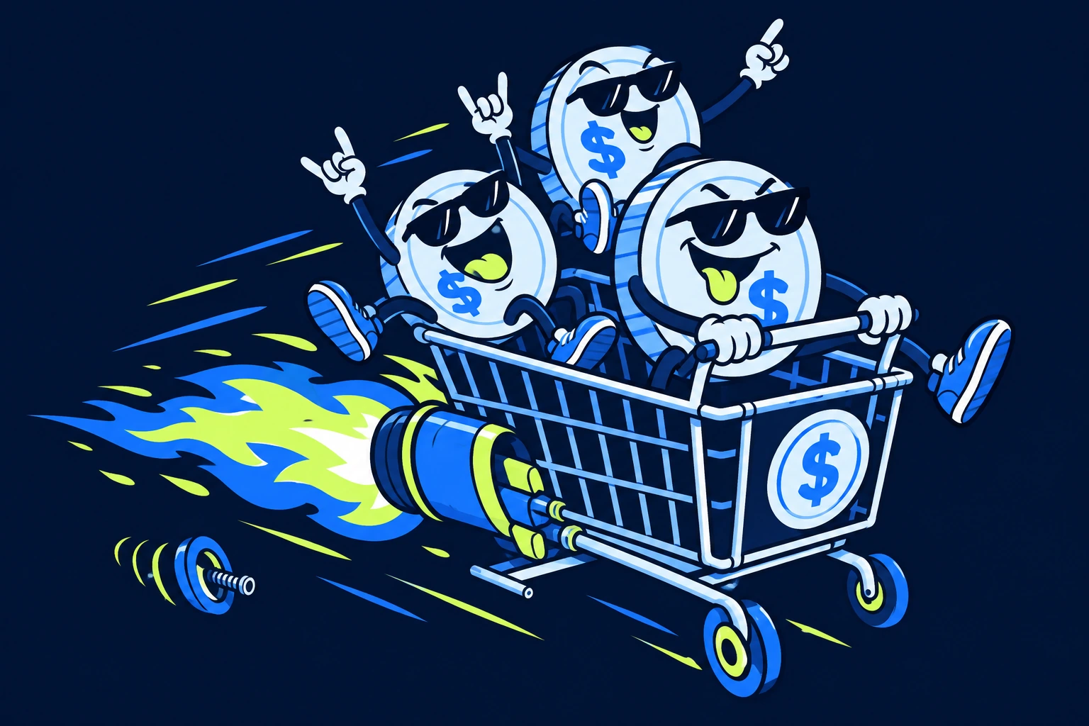 Three reckless coin degens launching a shopping-cart rocket while a wheel falls off