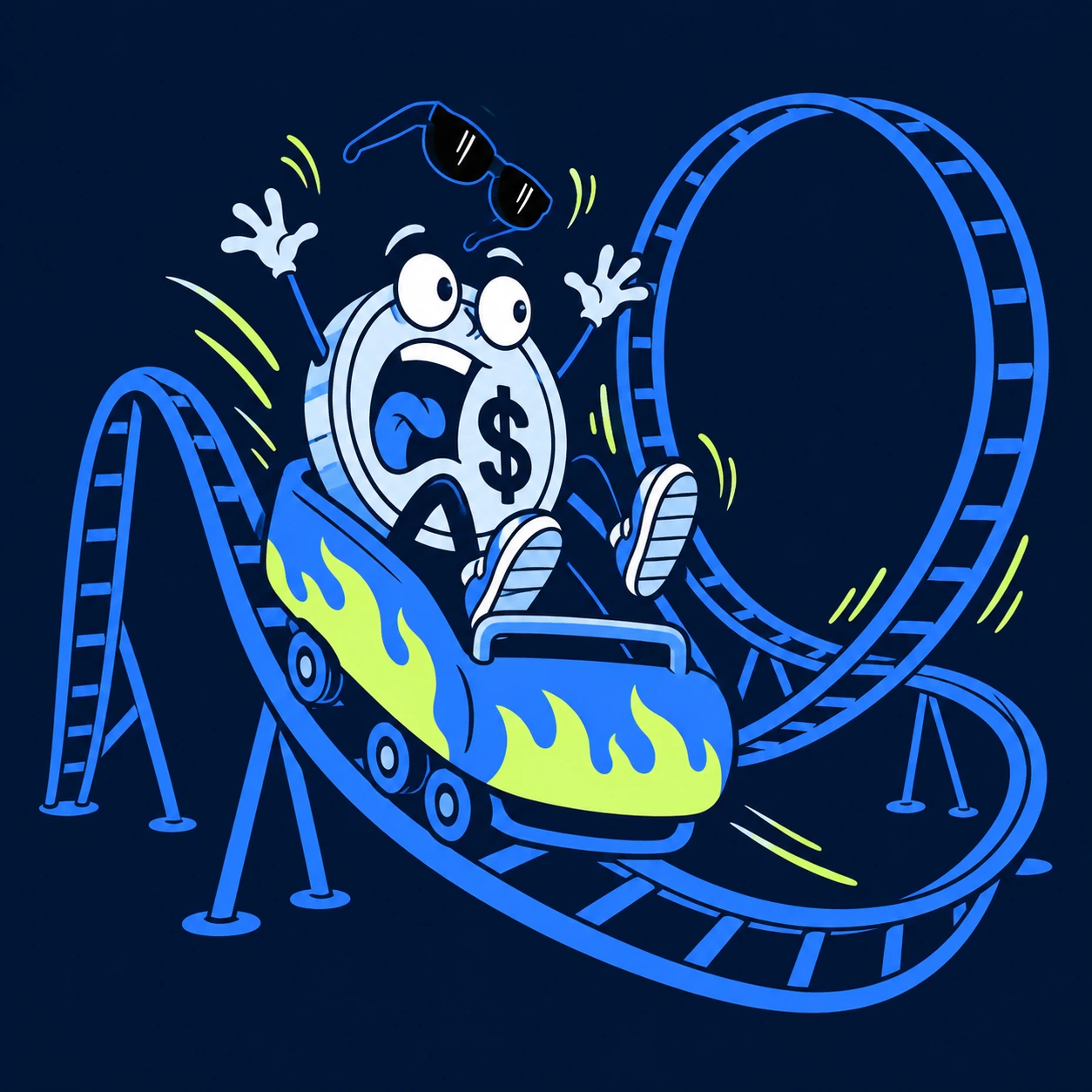 A wide-eyed coin screaming on a wild blue rollercoaster that loops around itself