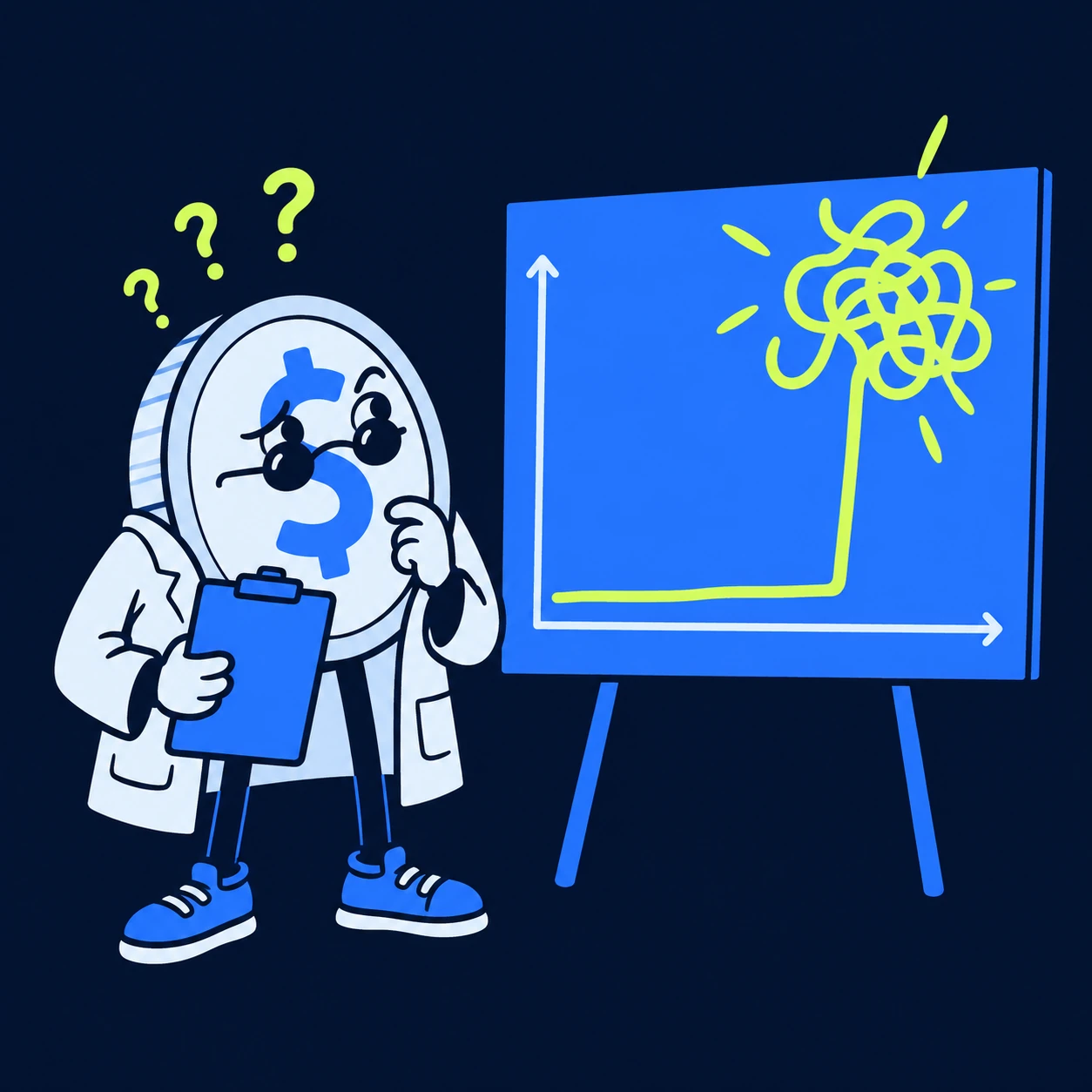 A baffled coin scientist studying a chart that has turned into tangled spaghetti