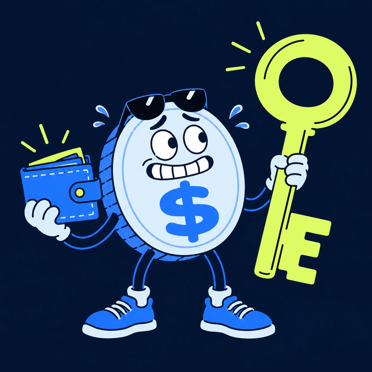 A nervous coin degen holding a wallet and an absurdly large key